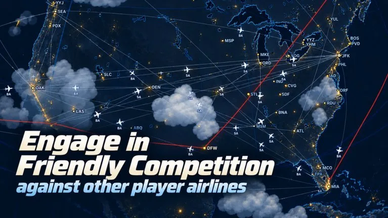 Official Airline Executive map of North America with airport codes, route lines, and airliners.